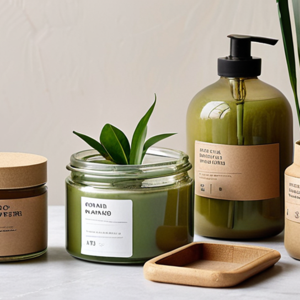 **

A minimalist still life featuring zero-waste cosmetics packaging. Focus on natural materials like glass jars, bamboo containers, and recycled paperboard. Include leafy green plants and soft, diffused natural light. Emphasize a clean, eco-friendly aesthetic that conveys sustainability and natural beauty. Use earthy tones and neutral colors with a pop of green. The image should evoke a sense of calm and conscious consumption.

**