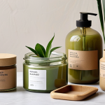 **

A minimalist still life featuring zero-waste cosmetics packaging. Focus on natural materials like glass jars, bamboo containers, and recycled paperboard. Include leafy green plants and soft, diffused natural light. Emphasize a clean, eco-friendly aesthetic that conveys sustainability and natural beauty. Use earthy tones and neutral colors with a pop of green. The image should evoke a sense of calm and conscious consumption.

**
