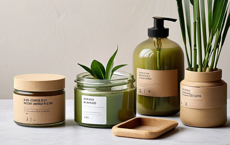 **

A minimalist still life featuring zero-waste cosmetics packaging. Focus on natural materials like glass jars, bamboo containers, and recycled paperboard. Include leafy green plants and soft, diffused natural light. Emphasize a clean, eco-friendly aesthetic that conveys sustainability and natural beauty. Use earthy tones and neutral colors with a pop of green. The image should evoke a sense of calm and conscious consumption.

**