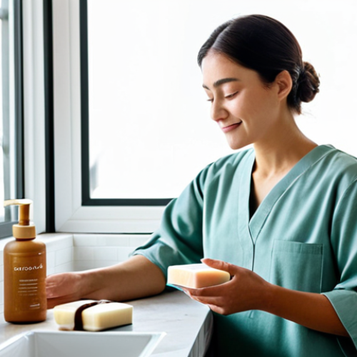 Home 6 A person with a serene expression, fully clothed in modest, comfortable attire, holding a beautifully crafted solid shampoo bar over a clean, minimalist bathroom sink. Natural light streams through a window, highlighting various unpackaged, solid cosmetic products like soap bars, a bamboo toothbrush, and a reusable glass jar of homemade lip balm on a wooden shelf in the background. The scene emphasizes eco-friendly, natural personal care. Perfect anatomy, correct proportions, well-formed hands, proper finger count, natural body proportions, safe for work, appropriate content, fully clothed, professional.