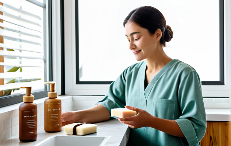 A person with a serene expression, fully clothed in modest, comfortable attire, holding a beautifully crafted solid shampoo bar over a clean, minimalist bathroom sink. Natural light streams through a window, highlighting various unpackaged, solid cosmetic products like soap bars, a bamboo toothbrush, and a reusable glass jar of homemade lip balm on a wooden shelf in the background. The scene emphasizes eco-friendly, natural personal care. Perfect anatomy, correct proportions, well-formed hands, proper finger count, natural body proportions, safe for work, appropriate content, fully clothed, professional.