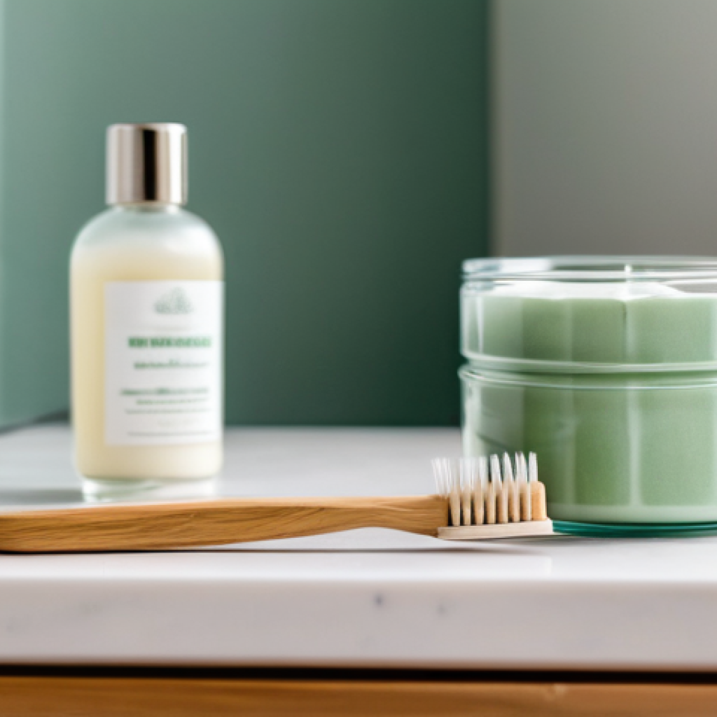 제로웨이스트 화장품을 활용한 홈 스파 - A minimalist, brightly lit bathroom countertop showcasing essential zero-waste personal care items. ...