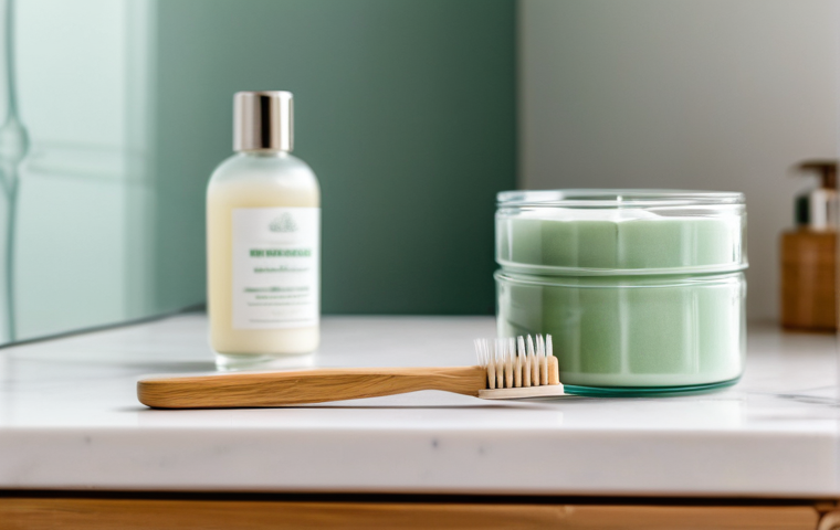 제로웨이스트 화장품을 활용한 홈 스파 - A minimalist, brightly lit bathroom countertop showcasing essential zero-waste personal care items. ...