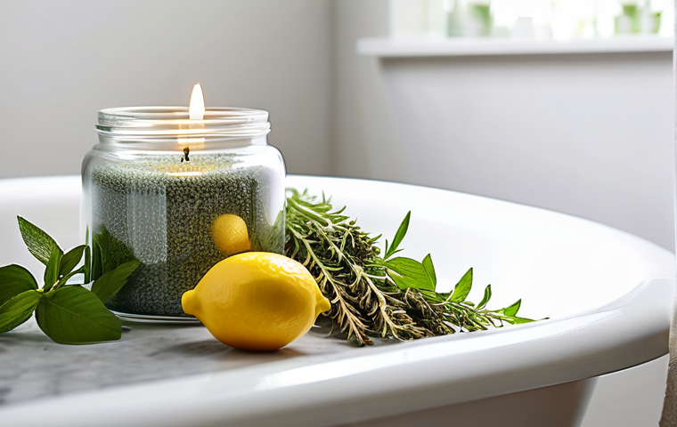 제로웨이스트 화장품을 활용한 홈 스파 - A minimalist, brightly lit bathroom countertop showcasing essential zero-waste personal care items. ...