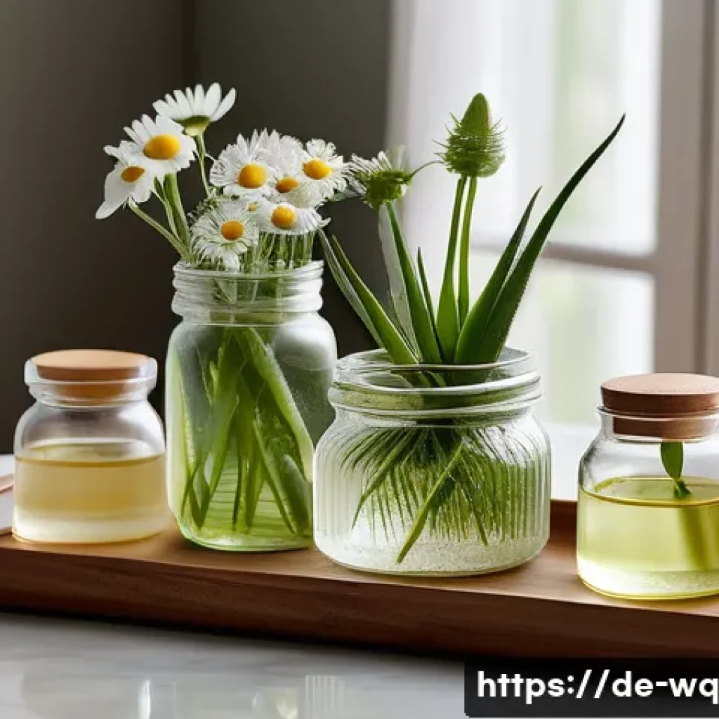 제로웨이스트 화장품 브랜드 추천 - A serene spa scene showcasing natural skincare products in elegant glass jars and bottles, placed on...