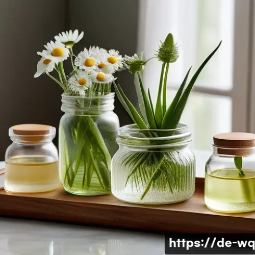 Home 32 제로웨이스트 화장품 브랜드 추천 - A serene spa scene showcasing natural skincare products in elegant glass jars and bottles, placed on...