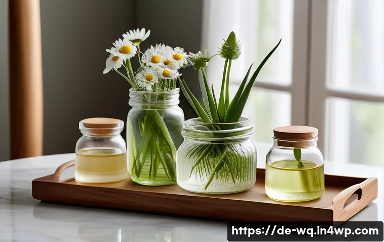 제로웨이스트 화장품 브랜드 추천 - A serene spa scene showcasing natural skincare products in elegant glass jars and bottles, placed on...