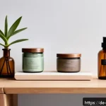 Home 19 제로웨이스트 화장품 트렌드 - A serene, minimalist bathroom scene showcasing sustainable skincare products arranged on a wooden sh...