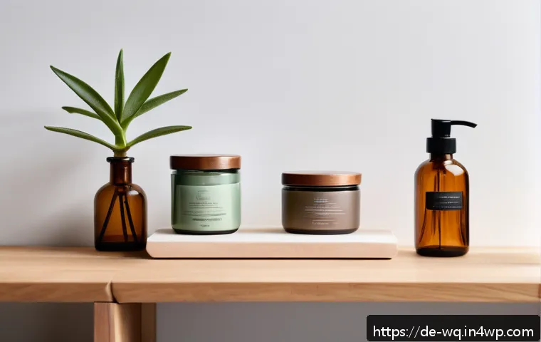 제로웨이스트 화장품 트렌드 - A serene, minimalist bathroom scene showcasing sustainable skincare products arranged on a wooden sh...