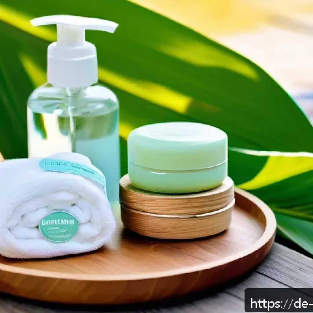 제로웨이스트 화장품으로 여름철 피부 관리 - A serene summer skincare scene featuring natural cleansing products arranged on a rustic wooden tabl...