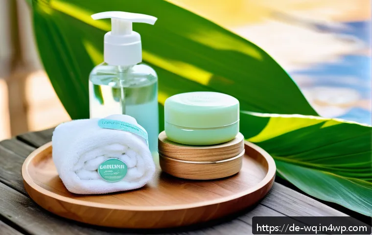 제로웨이스트 화장품으로 여름철 피부 관리 - A serene summer skincare scene featuring natural cleansing products arranged on a rustic wooden tabl...