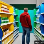 Home 23 제로웨이스트 화장품의 재활용 프로그램 소개 - A clean, modern recycling collection point inside a German drugstore, featuring neatly arranged coll...