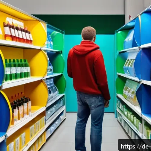 Home 17 제로웨이스트 화장품의 재활용 프로그램 소개 - A clean, modern recycling collection point inside a German drugstore, featuring neatly arranged coll...